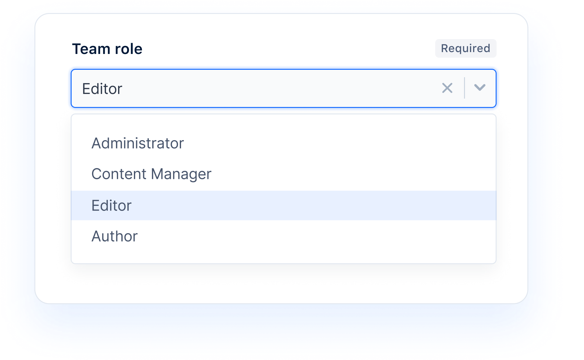Dropdown selector from Keystone’s Admin UI showing different user roles: Administrator, Editor, Content Manager, Author